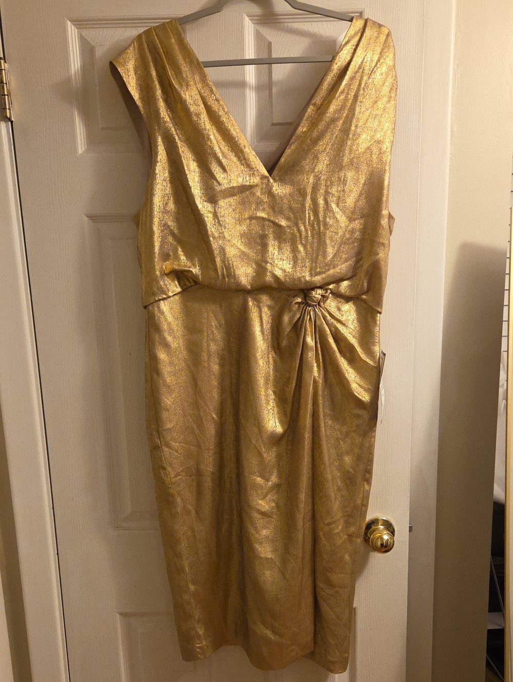 Adrianna Papell Metallic Gold V-Neck Midi Dress with Side Knot
